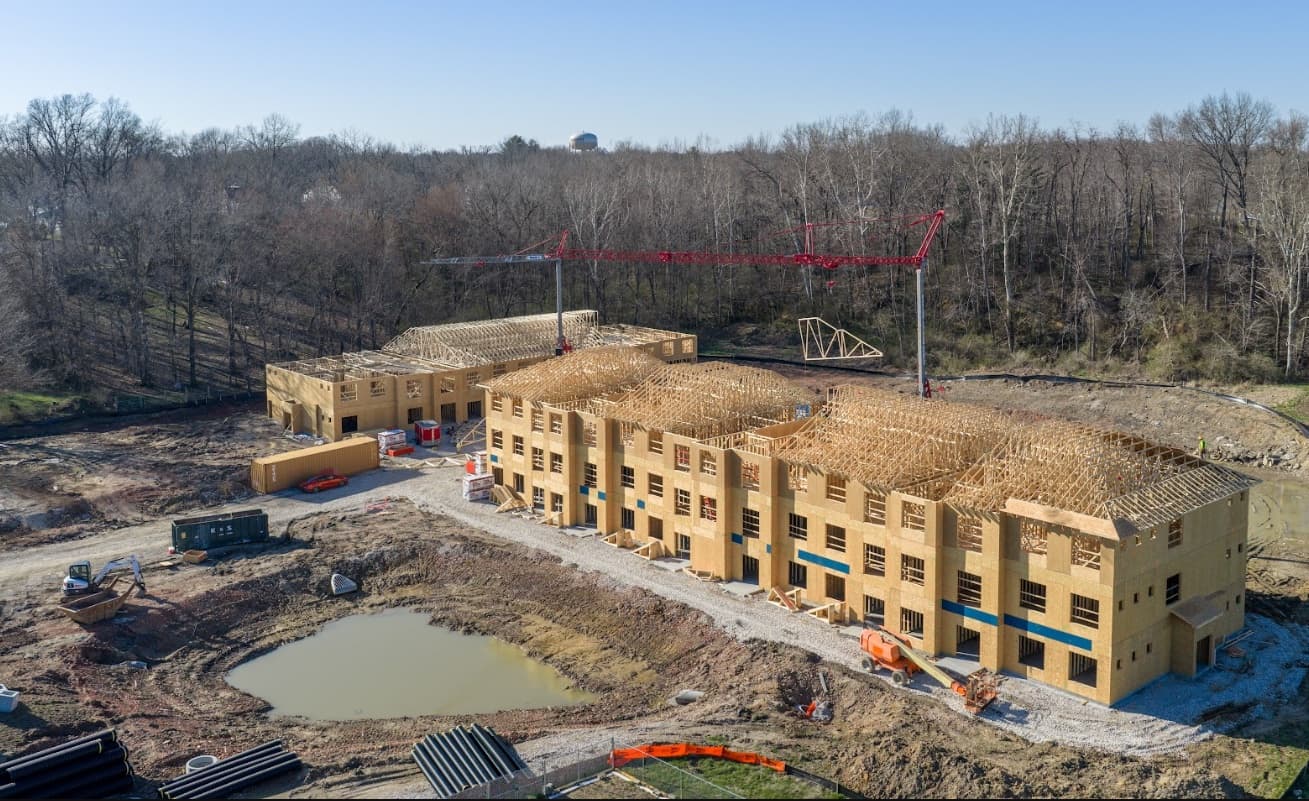 Aerial view of Oak Street Village apartment buildings under construction