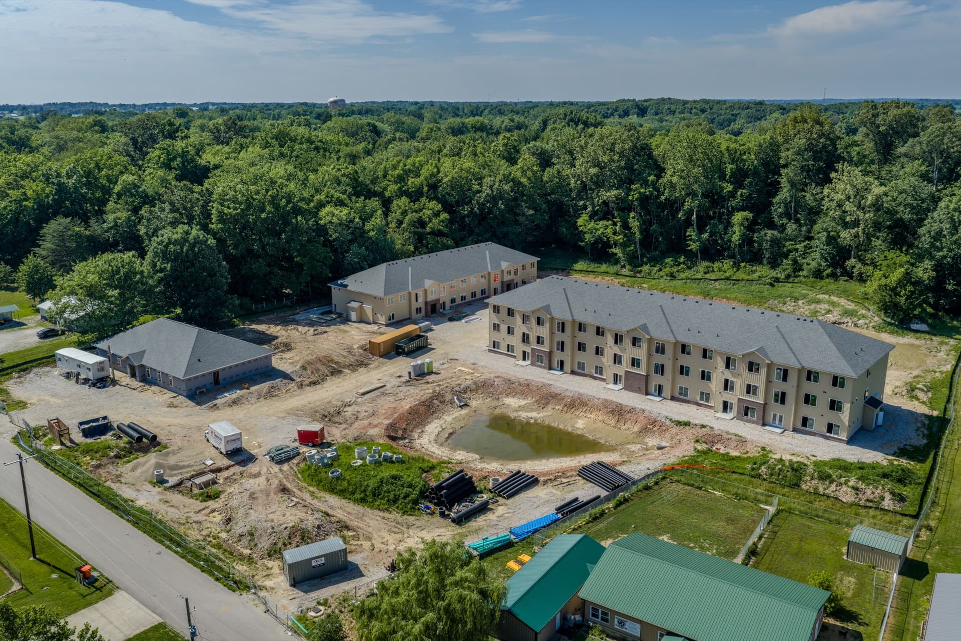 Drone view of Oak Street Village construction progress in Loogootee, Indiana